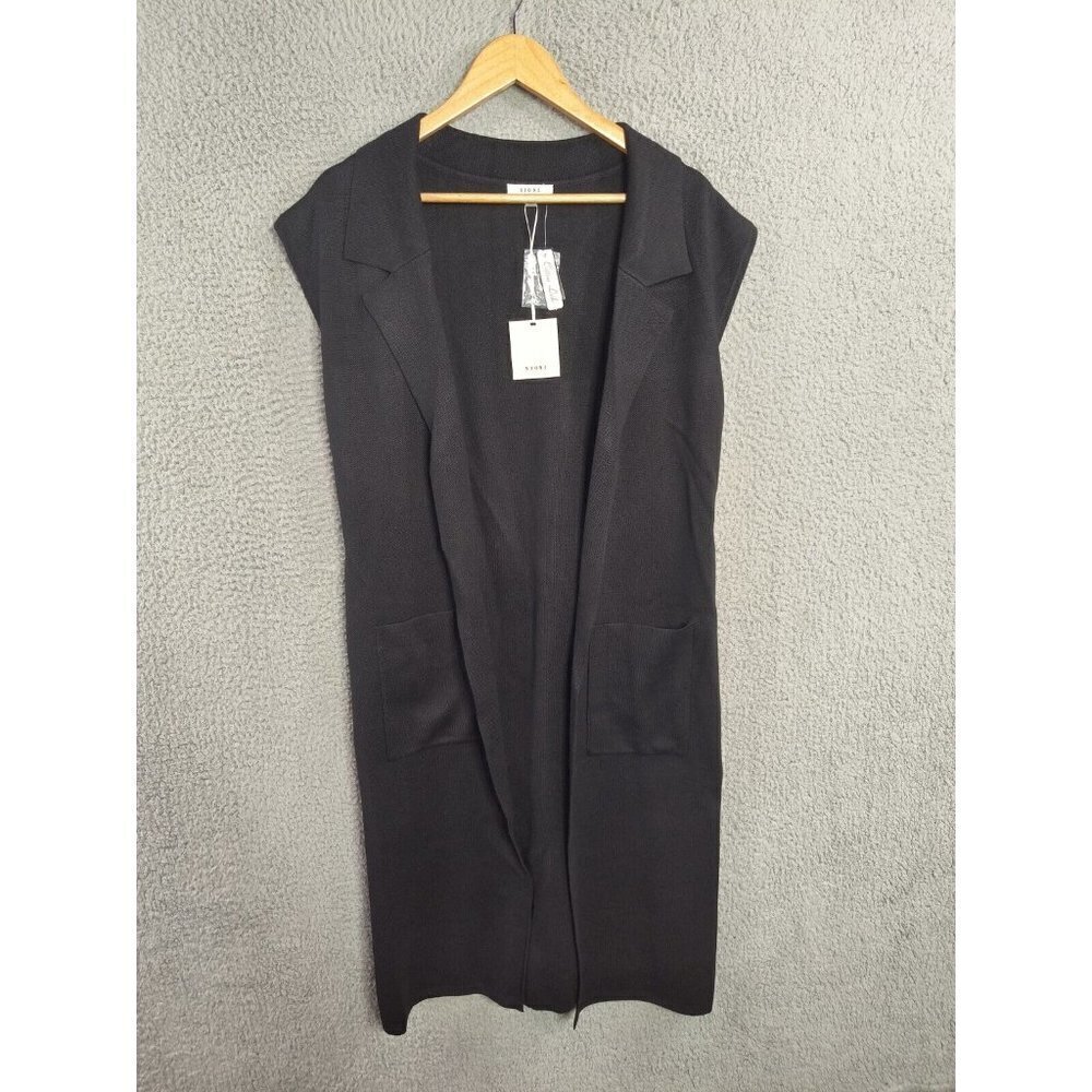 Sioni NEW Sweater Womens Medium Long Collared Black Sleeveless Back Belt Pockets